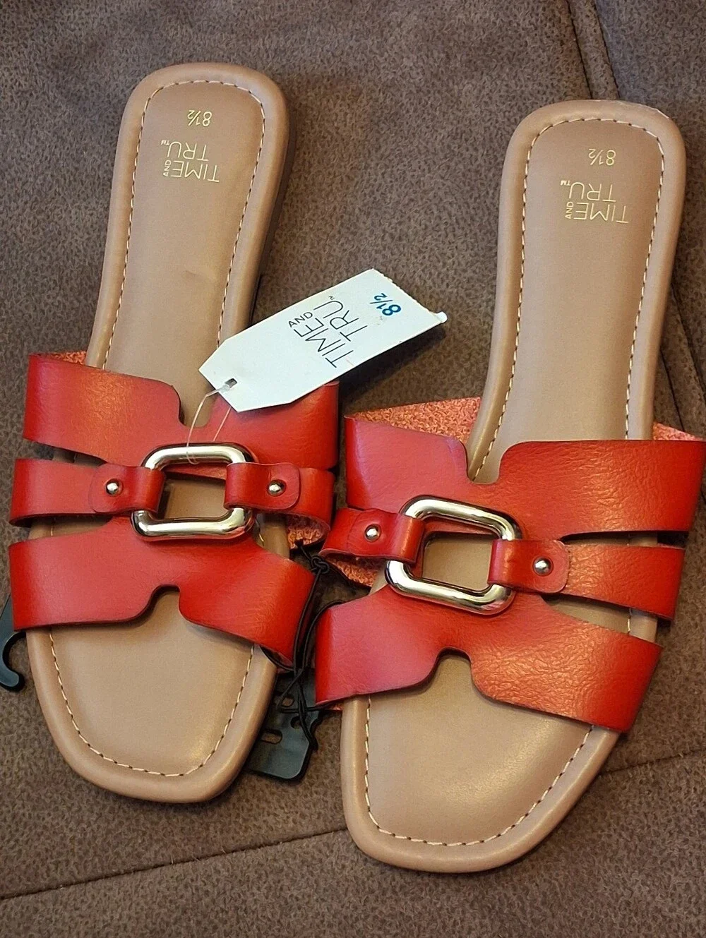 Time and Tru Embellished Slide Sandals with Goldtone Buckle - Women's Size 8 1/2